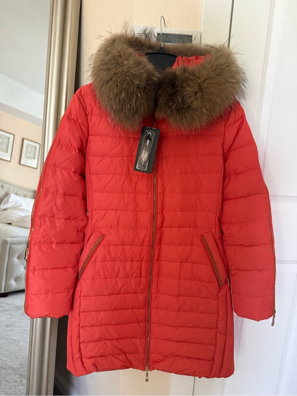Women's terracotta Quilted Coat with Real  Fur Trim